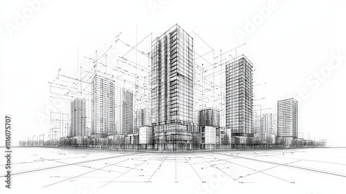 A city skyline is drawn in black and white