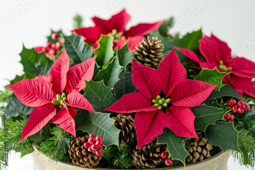 Festive arrangement of red poinsettias and greenery for holiday decorations i...