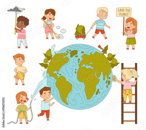 Children Save Planet Clean Earth Globe Vector Set