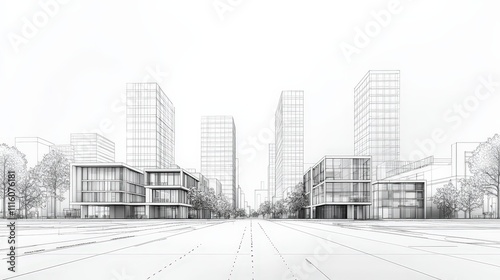 A cityscape with tall buildings and a large empty street