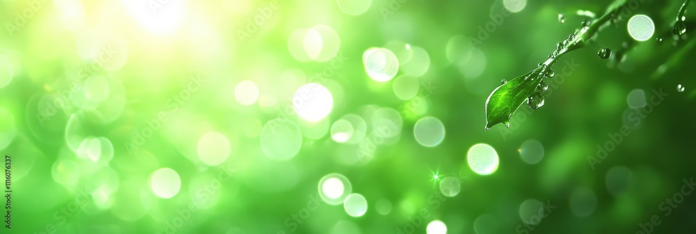 Fototapeta premium Green Spring Banner with Bokeh Effect and Blurred Background Featuring Fresh Leaves and Water Drops in Soft Light