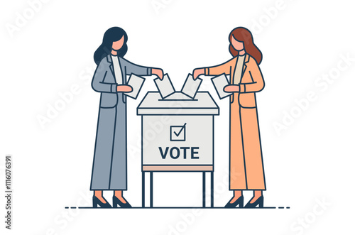 Woman voter box election campaign character. Women vote politics illustration.