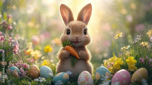 Cute rabbit holding carrot among colorful eggs and flowers in a vibrant sprin...