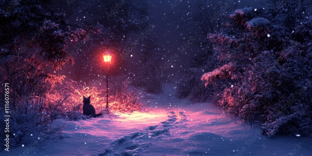 Obraz premium Serene winter night with soft snowflakes falling under a glowing lantern in a tranquil forest setting