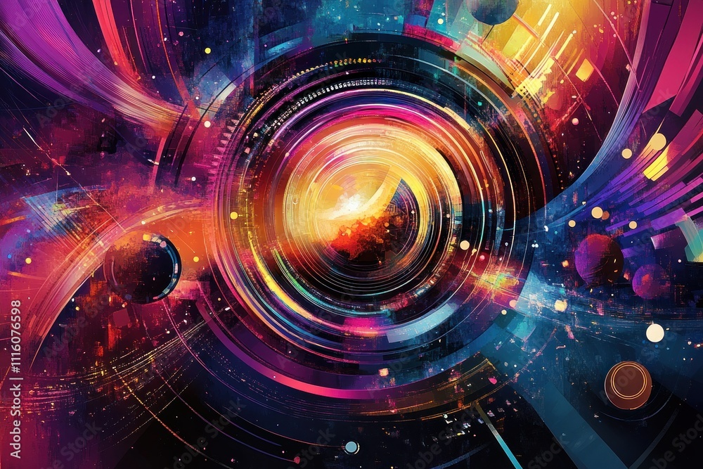 Abstract Digital Art with Vibrant Colors and Geometric Patterns, Depicting a Cosmic Scene of Energetic Swirls, Light Trails, and Circular Motifs Capturing an Infinite Universe Abstract Digital Art with Vibrant Colors and Geometric Patterns, Depicting a Cosmic Scene of Energetic Swirls, Light Trails, and Circular Motifs Capturing an Infinite Universe