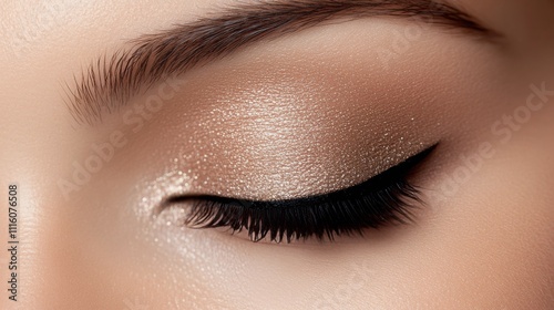 Elegant makeup application highlighting shimmering eyeshadow and precise eyel...
