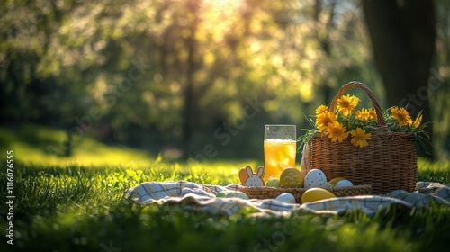 Easter celebration with bunny treats and bright decorations in a sunny park s...