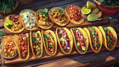 Wallpaper Mural A vibrant array of assorted tacos, showcasing diverse fillings and toppings, arranged on a rustic wooden board. Torontodigital.ca