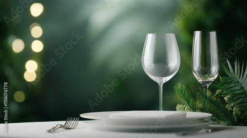 Elegant outdoor dining setup with glassware and candlelight among tropical gr...