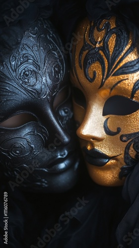 Intriguing black and gold masks display detailed artistry against a dark back...