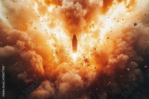 Rocket launch creates large explosion with smoke and fire in a clear sky