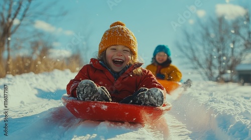 Joyful children sledding down a snowy hill on a sunny winter day