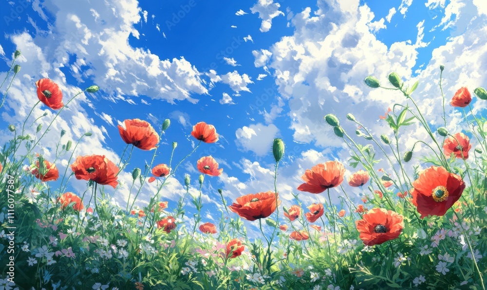 Obraz premium A vibrant field of red poppies under a bright blue sky with clouds.