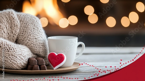 Cozy winter afternoon with hot drink, chocolate, and warm sweater by the fire...