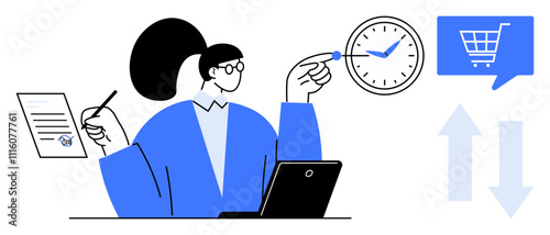 Business person pointing at clock while working with laptop and checklist shopping cart icon, arrows. Ideal for time management, productivity, business planning, e-commerce, task management, work