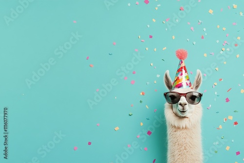 Llama wearing sunglasses and a party hat celebrates with colorful confetti in...