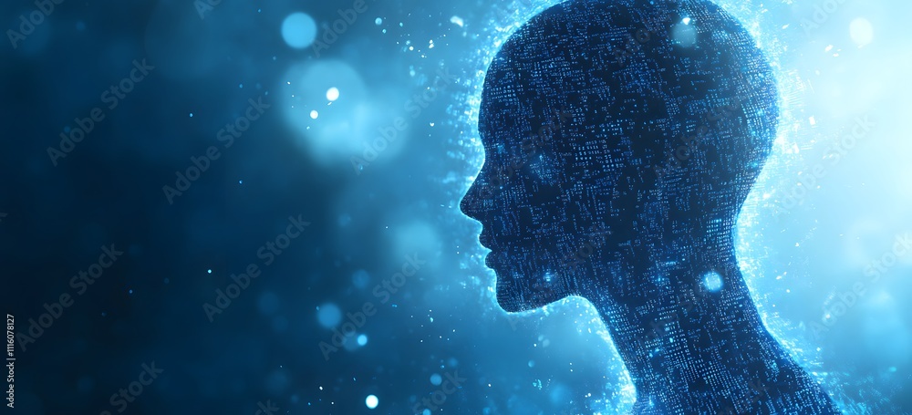 Digital Human Face Composed of Binary Code and Data Points, Artificial Intelligence Machine Learning Digital Human Face Composed of Binary Code and Data Points, Artificial Intelligence Machine Learning