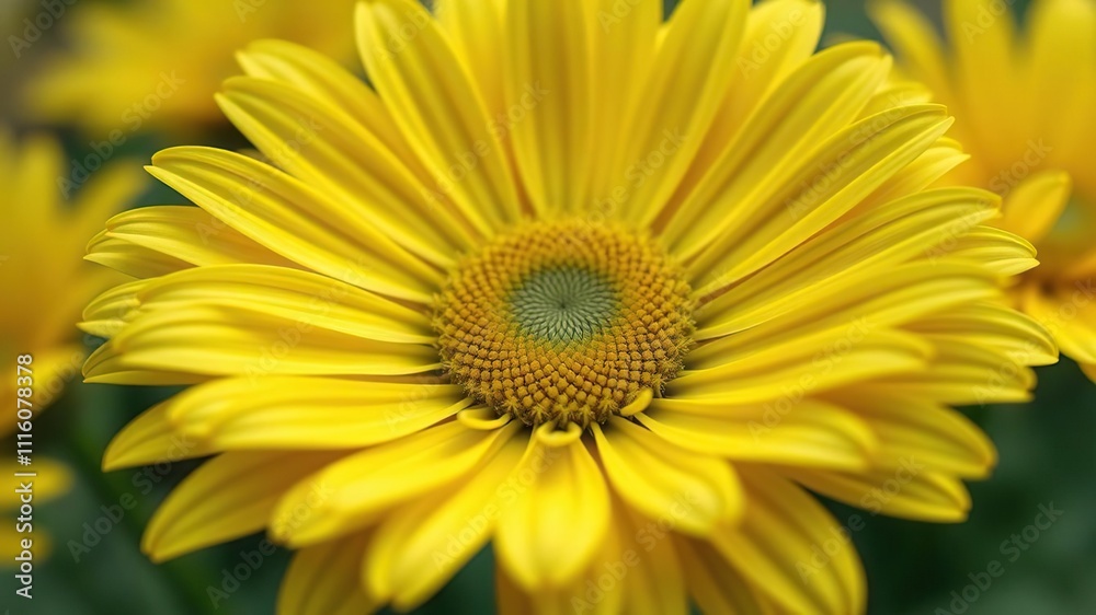 The white center of the daisy slowly darkens as the bright yellow petals continue to unfurl, revealing a vibrant bloom, petal unfolding, daisy growth stages, closeup daisy bloom The white center of the daisy slowly darkens as the bright yellow petals continue to unfurl, revealing a vibrant bloom, petal unfolding, daisy growth stages, closeup daisy bloom