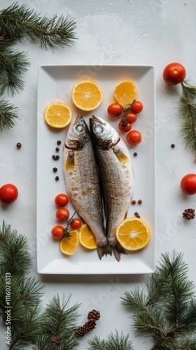 Fresh fish with citrus and seasonal decor on a white platter for a festive me...