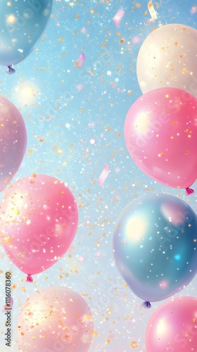 Colorful balloons floating against a bright blue sky during a festive celebra...