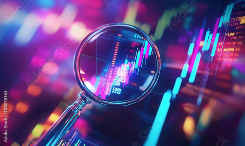 Magnified sparkling magnifying glass over a colorful stock market graph on a white background