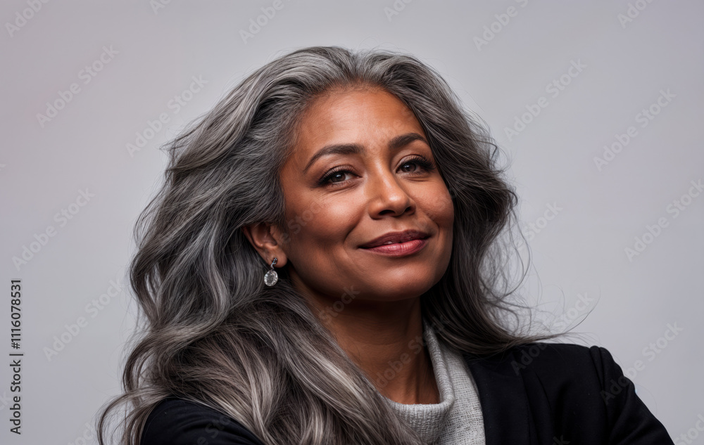 A woman with long, wavy, silver-gray hair is wearing a black jacket and a gray sweater. She has a pair of dangling earrings and her hair cascades over her shoulders. A woman with long, wavy, silver-gray hair is wearing a black jacket and a gray sweater. She has a pair of dangling earrings and her hair cascades over her shoulders.