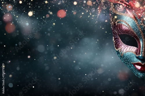 Intricate masquerade mask against a shimmering background of light and color