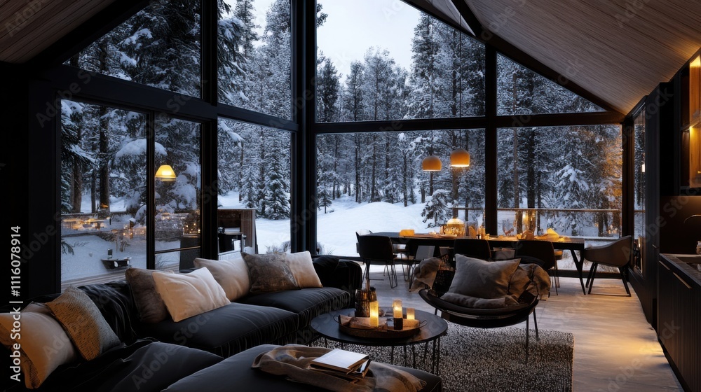 Fototapeta premium Cozy modern living room with large glass windows overlooking a snowy forest landscape. Warm lighting and comfortable furniture create a relaxing winter retreat ambiance, AI