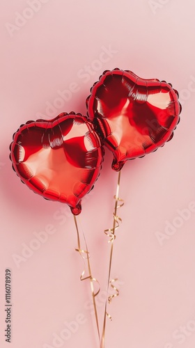Red heart balloons floating against a pink background for celebration or deco...