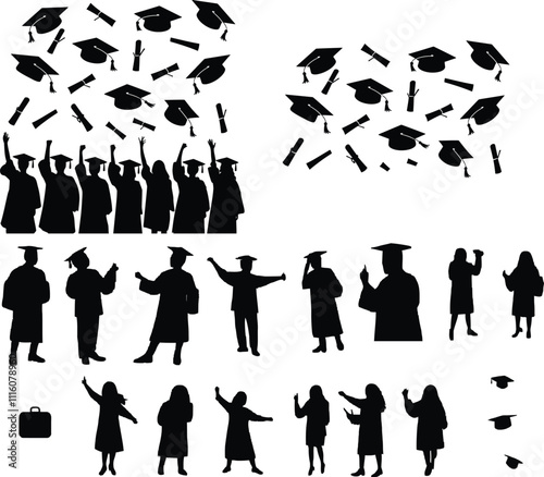 Silhouettes of Graduates in Academic Robes Celebrating with Cap Toss. Group of Students Marking Graduation Ceremony Vector Illustration.