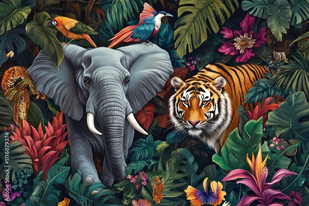 Fototapeta premium Vibrant Jungle Scene Featuring Elephants, Tigers, and Colorful Birds Surrounded by Lush Greenery and Exotic Plants in a Photorealistic Style