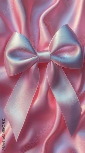 Soft pink satin ribbon bow resting on smooth fabric