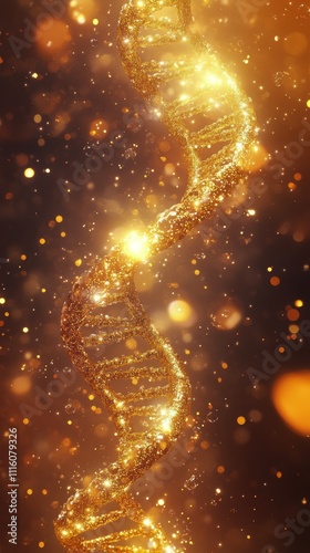 Golden DNA structure glowing with particles in dark background