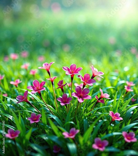 Wallpaper Mural Vibrant pink blooms sprouting from a bed of lush green grass, spring flowers, floral arrangement Torontodigital.ca