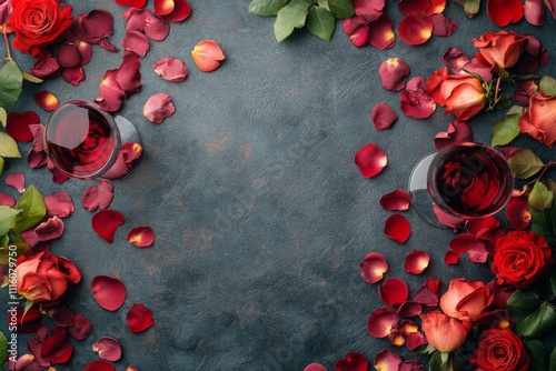 Roses and delicate rose petals surround elegant glasses of rose wine on a tex...