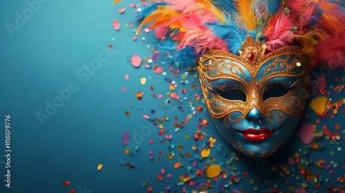 Vibrant decorative mask surrounded by colorful confetti for festive celebration