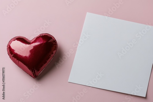 Red heart and empty card on pink background for love messages and celebrations