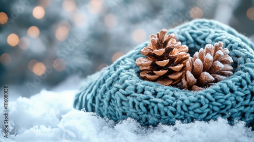 Winter season cozy scene with pinecones resting in a soft knitted hat on snow