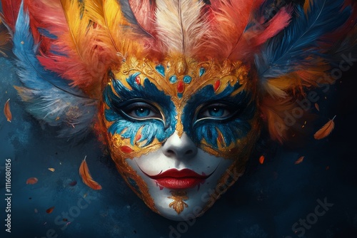 Vibrant masquerade mask adorned with feathers and intricate designs during a ...