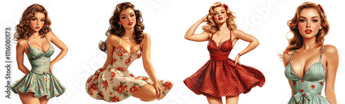 Vintage pin-up style women in colorful dresses transparent background