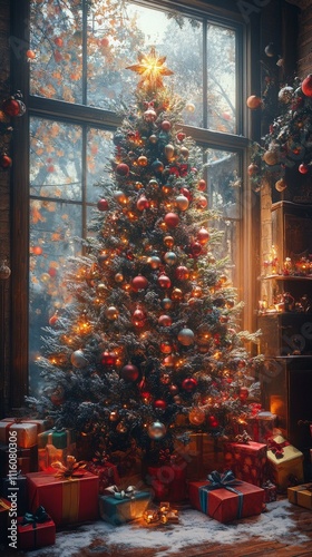 Christmas tree decorated with lights and ornaments in cozy indoor setting dur...