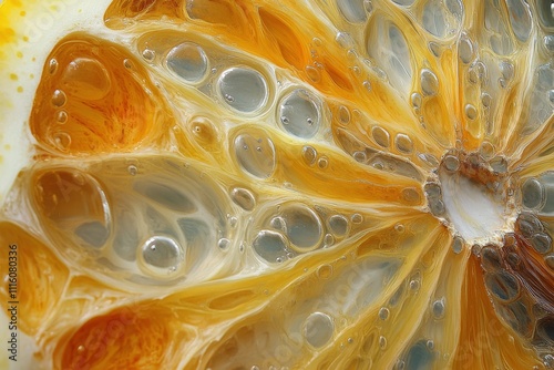 Close up of yellow and orange textures with bubbles and moisture in abstract ...