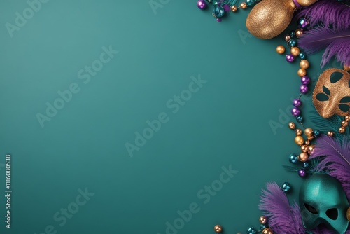 Colorful decorations for a festive celebration with masks and beads on a teal...
