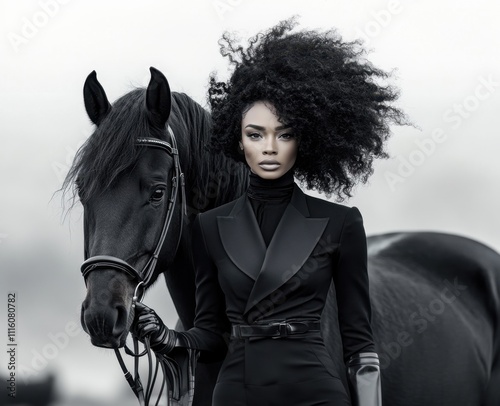  A striking woman in a sleek black outfit with bold natural curls stands confidently next to a majestic black horse in a misty, minimalist outdoor setting – AI Generated Digital Art.