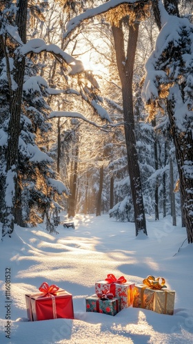 Winter landscape with colorful presents in a snowy forest at sunset