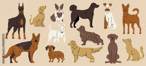 Different dogs collection. Cartoon cute puppy breeds, funny domestic animals in various poses and situations, colorful pet characters. Vector isolated set