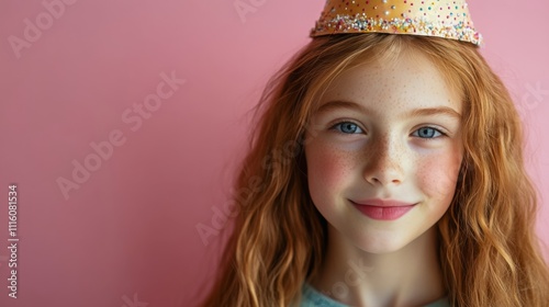 Young girl with blue eyes celebrating at a colorful party with balloons in th...