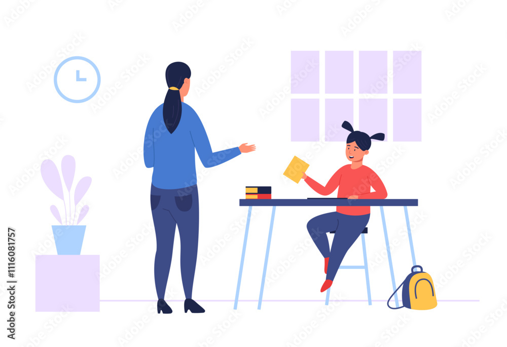 Fototapeta premium Home schooling scene depicting teacher explaining lesson to young student sitting at desk at home during quarantine. Education, learning and mentoring concept. Flat vector illustration.