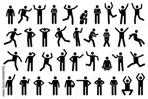 Stickman icons. Stick figures black silhouettes showing various poses and gestures, running, meditating and jumping. Ideal for infographics, design and app interfaces. Minimalist vector illustration