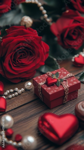 Romantic gift arrangement featuring red roses and heart shaped chocolates for...